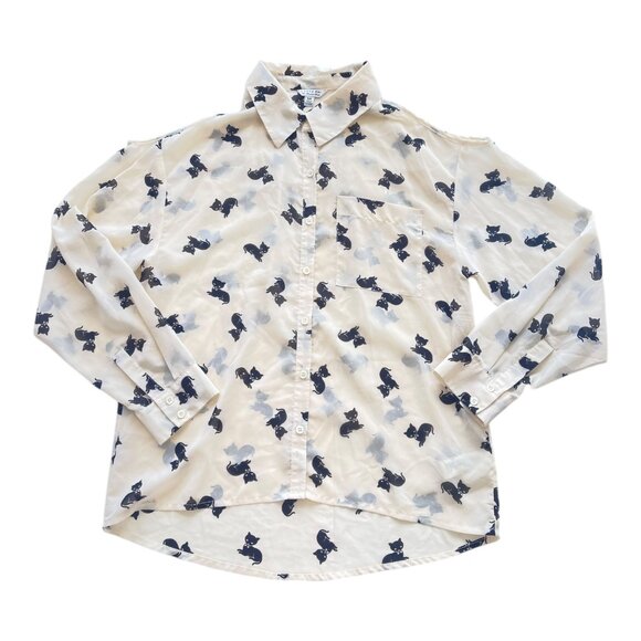 I love H81 Kitten Print blouse Women's Size S/P cream & black cat button down - Picture 3 of 10